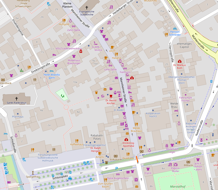Das Bild zeigt die OpenStreetMap Karte des Fussgängerzonenbereiches der Mannheimer Straße in Schwetzingen. Ein Geschäft reiht sich an das andere. Von der von Handlesvertretungen prognostizierten Leere ist nichts zu sehen.