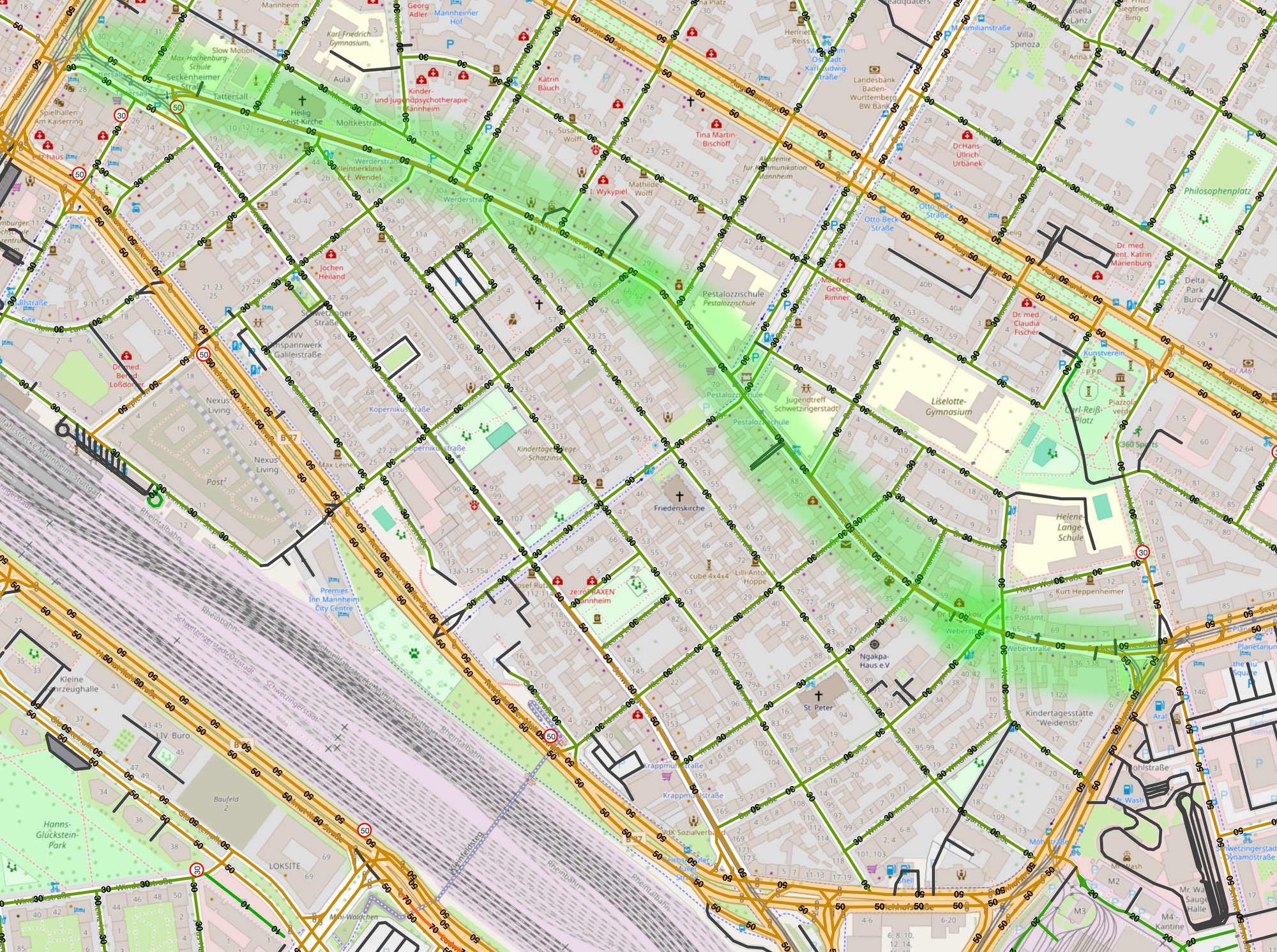 Eine Karte mit Angabe der derzeit geltenden Tempolimits. Hervorgebogen ist der Abschnitt der Seckenheimer Straße Hausnummer 79 abwärts bis zur Einmündung am Ring.