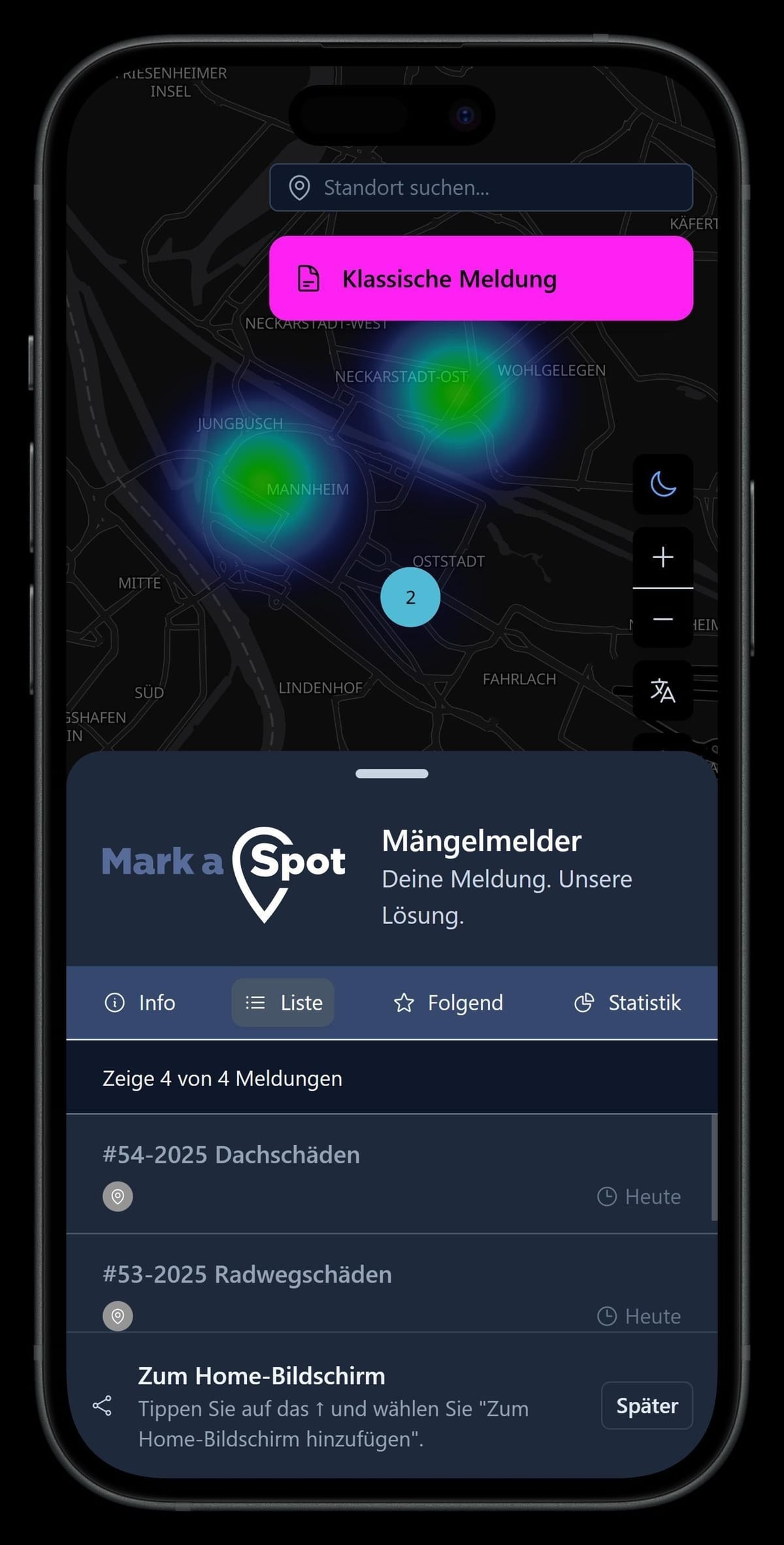 Mark-A-Spot Interface auf einem Mobiltelefon. Oben eine Heatmap Ansicht auf einer Mannheim-Karte. Darunter zwei Beispielmeldungen: #54-2025 Dachschäden und #53-2025 Radwegschäden.