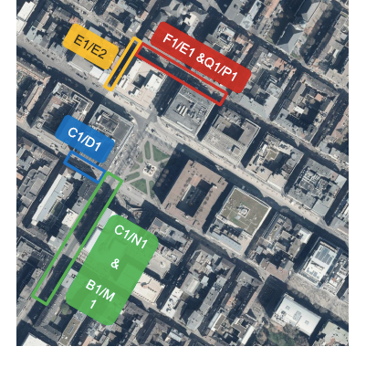 Luftbild von Mannheim, in dem der Bereich des Verkehrsversuchs eingezeichnet ist