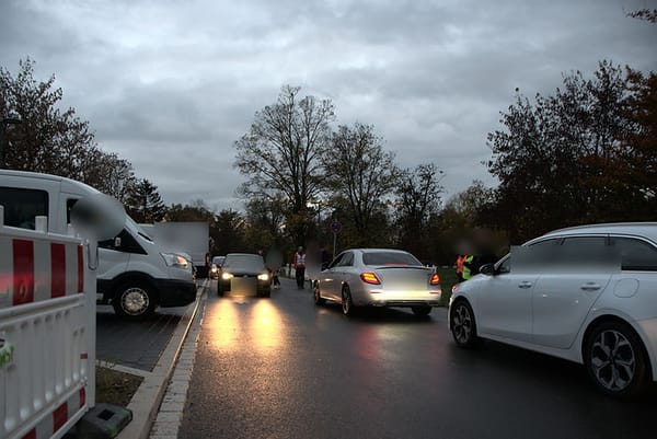 Einfahrt der Schule links, rechts die Grünanlage, aus beiden Richtungen fahren Autos dazwischen Lotsen, die Kinder über die Straße geleiten.