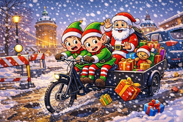 Cartoonartige Darstellung von Elfen, die mit dem Weihnachtsmann auf dem Lastenrad Geschenke in Mannheim ausliefern.Schlechte Straßenverhältnisse, Autos und Baustellen