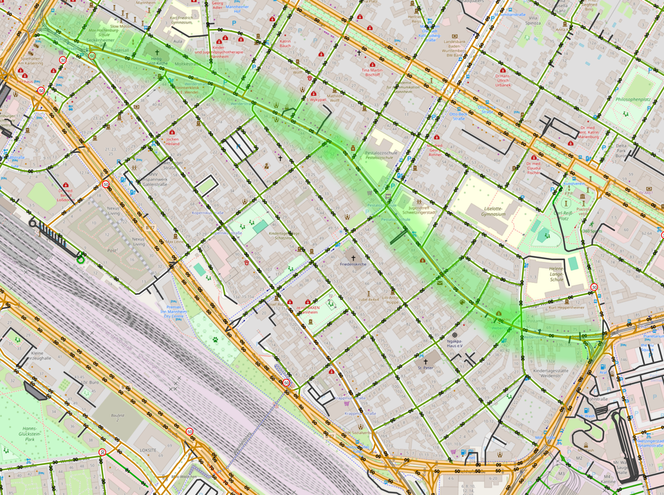 Eine Karte mit Angabe der derzeit geltenden Tempolimits. Hervorgebogen ist der Abschnitt der Seckenheimer Straße Hausnummer 79 abwärts bis zur Einmündung am Ring.